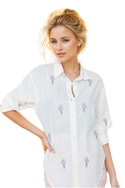 Cassime Жіноча сорочка з вишивкою квітів, бавовняна, оверсайз, широкий крій, ткана