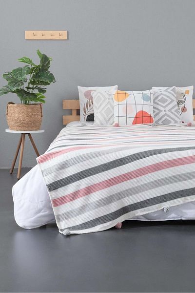 Romans Gray Blanket with Pompom Special Bag - 150X200 cm