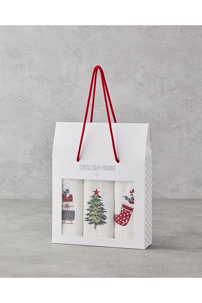 English Home Joyful Box - Set de 3 prosoape brodate din bumbac 30x50 cm Ecru