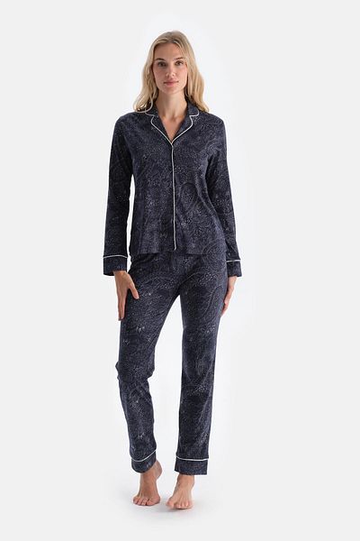 Dagi Set de pijama pantaloni cămașă modal din bumbac pieptănat cu model șal bleumarin