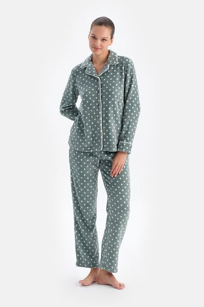 Dagi Hellgraues Polka Dot Fleece-Hemd-Hosen-Pyjama-Set