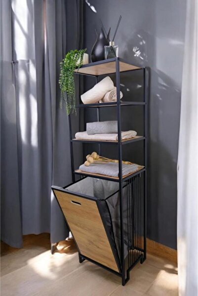 Digithome Metal Kirli Sepetli 4 Raflı Çok Amaçlı Banyo Düzenleyici Raf Organizer Siyah/atlantik Çam Mrs-009