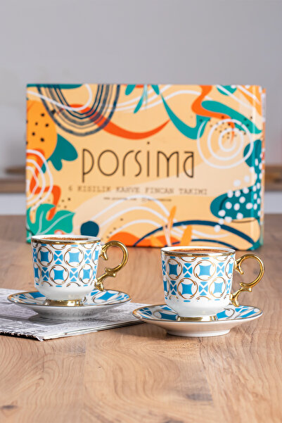 Porsima Esin Altın Yaldızlı 6 Kişilik Fincan Seti 12 Parça Türk Kahvesi Takımı Kahve Fincanı