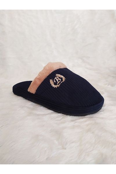Efsun Text Detailed Furry Non-Slip Soft Thick-Soled Dowry Guest Winter Men's Indoor Slippers