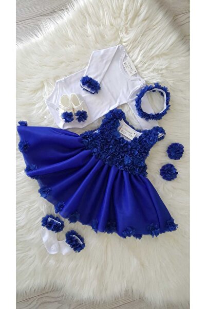 GOLD TEKSTİL Saks Mavisi Bebek Elbise Abiye