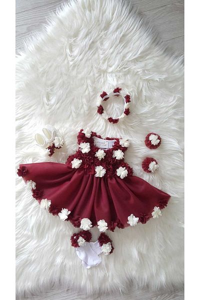 GOLD TEKSTİL Claret Red, Baby Girl Dress, Laser Floral Dress, Special Day, Mawlid, Holiday and Birthday Dress