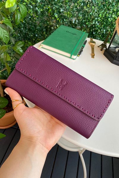 Modica Tampa - Genuine Leather Purple Wallet with Magnetic Phone Compartment, 14 Card Compartments