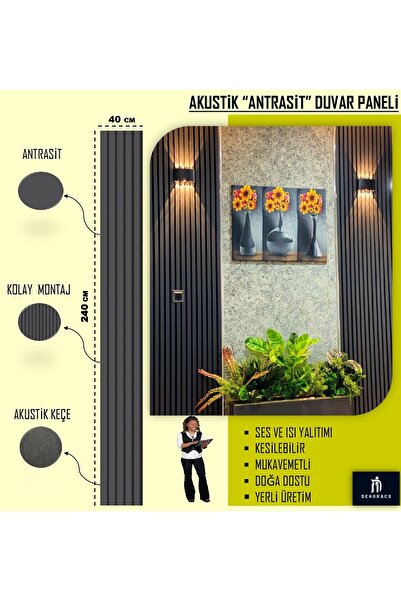 Home ACS 40x240 Antrasit Renk Akustik Ahşap Duvar Paneli