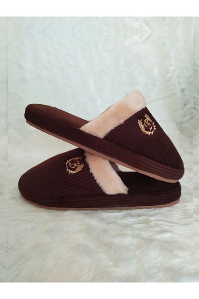 Efsun Text Detailed Furry Non-Slip Soft Thick-Soled Dowry Guest Winter Men's Indoor Slippers