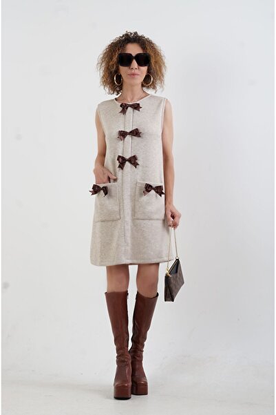 Zelish My Sister Πλεκτό φόρεμα σε μπεζ φιόγκο με λεπτομέρεια πλεκτό