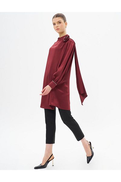Kayra BurGundy Satin Tunic - Rose Motif