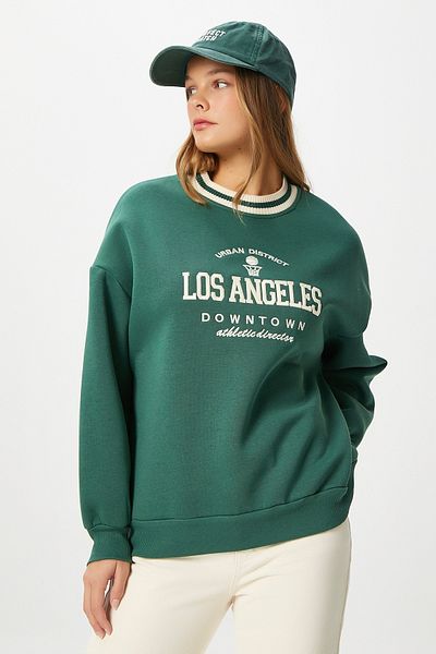 Ritnice Hanorac oversize verde Los Angeles brodat pentru femei cu fleece în interior