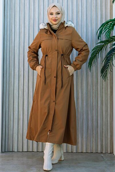 BURCU TESETTÜR Palton lung cu glugă, cu dantelă în talie, cu fermoar și detal...