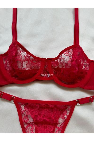 Nashera Red Lace Embroidery Bralet and Sexy Tulle Bra Lingerie Set
