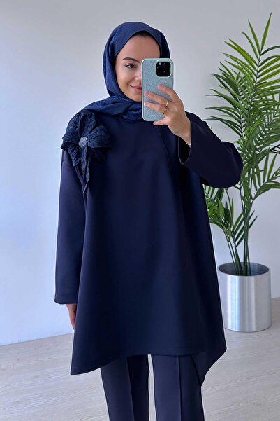 Ka Hijab Çiçekli Asimetrik Kesim Scuba Tesettür 2'li Takım - Lacivert