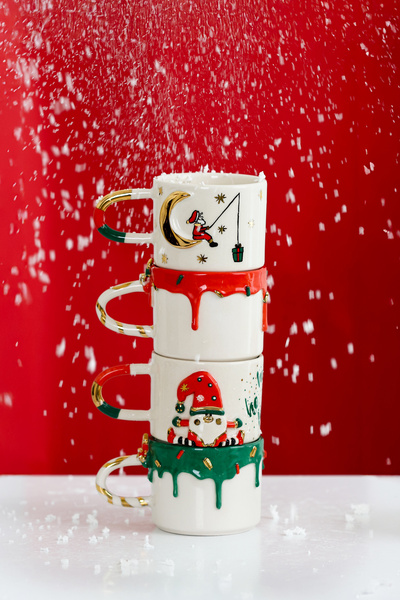 SİNEM YAMAN HOME مجموعة أكواب سيراميك مصنوعة يدويًا مكونة من 4 قطع للعام الجد...