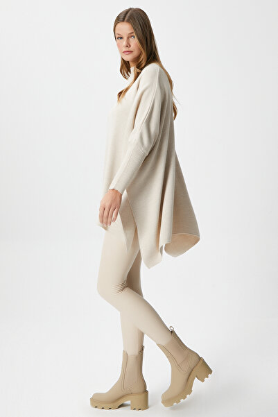 Ritnice Women's Zenta Oversize Side Slit Beige Knitwear Sweater