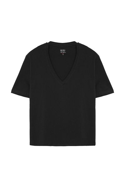 Quzu Black V-Neck Short Sleeve Basic T-Shirt