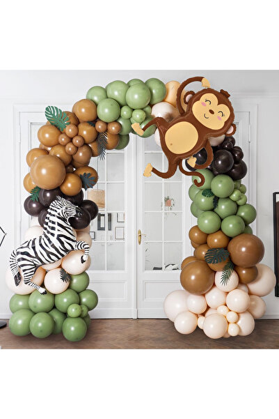 Öztürkpartievi Küf Yeşili Safari Temalı Zebra Maymun Balonlu Balon Zinciri