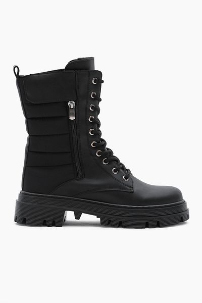 Tonny Black Γυναικείες μαύρες δερμάτινες μπότες Thermo Sole με κεντημένη φέτα με σχέδιο Velcro με κορδόνια και μπότες με φερμουάρ