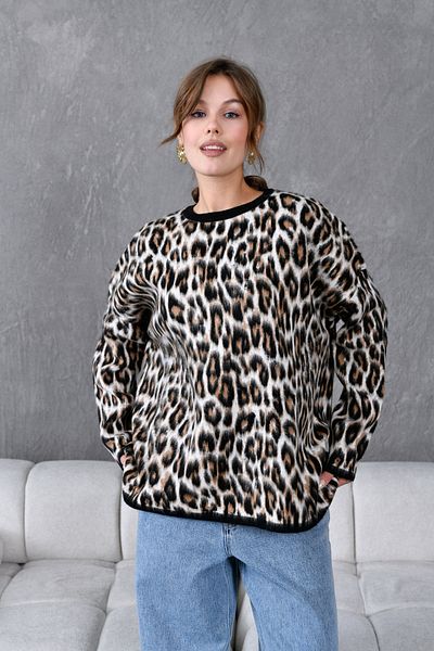 ZISHAN Pulover de damă, cu croiala largă și confortabilă, cu gâtul turn, cu model leopard, 003
