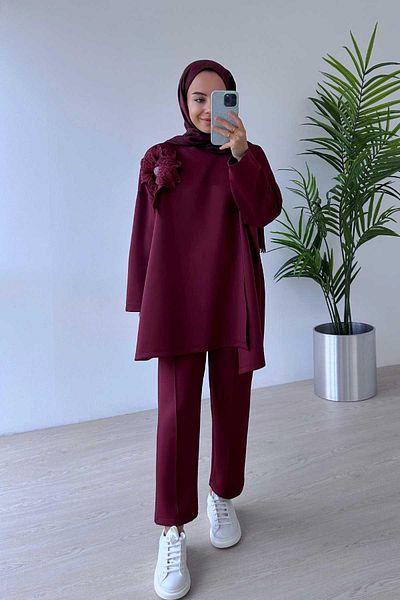 Ka Hijab Costum de scuba cu croială asimetrică florală - Roșu Claret