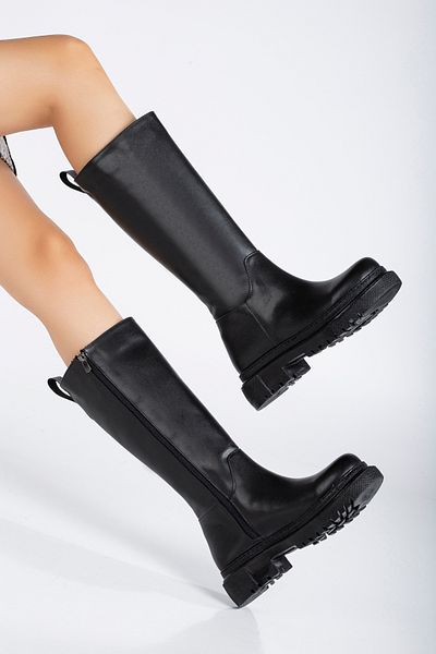 Tonny Black Damen-Stiefel aus schwarzem Leder mit Poly-Sohle ohne Reißverschluss