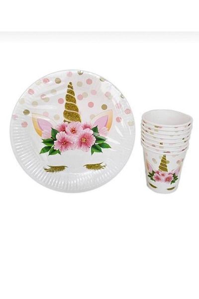 DÜVENCİ TİCARET Floral Unicorn Themed Set of 8 Cardboard Plates and Cups