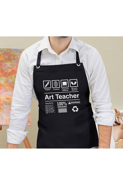 Bk Gift Profesyonel Resim Öğretmeni Tasarımlı Siyah Mutfak Önlüğü, Resim Önlü...