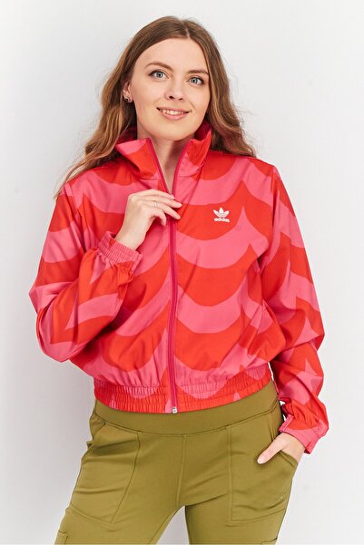 adidas جاكيت رياضي نسائي رياضي من ماريميكو، برقبة عالية، أحمر