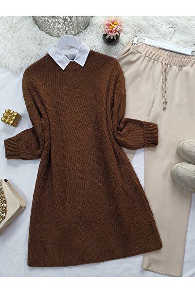 Modamorfo Crew Neck Diamond Pattern Knit Sweater - Brown