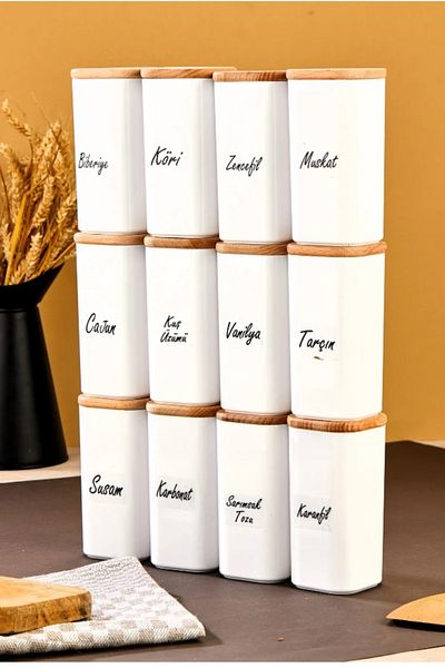 ŞAKİLATA CONCEPT 300ml Bamboo Acrylic Mica - 12 Label, Wooden Lid, Spice Rack Vacuum Storage Container