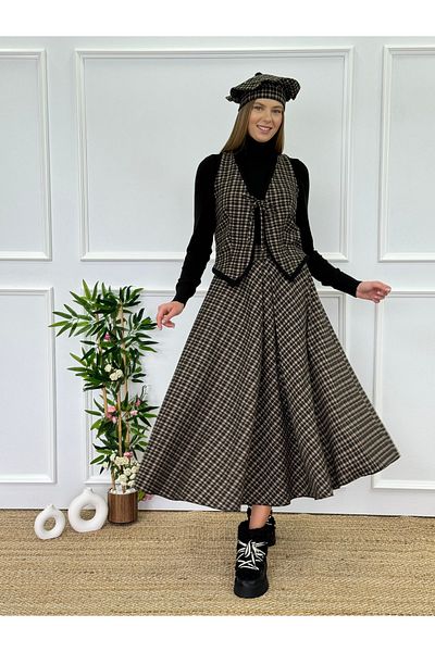 Moda Lippa Plaid Fur Detailed Brown Winter 2-Piece Set (Vest + Skirt)