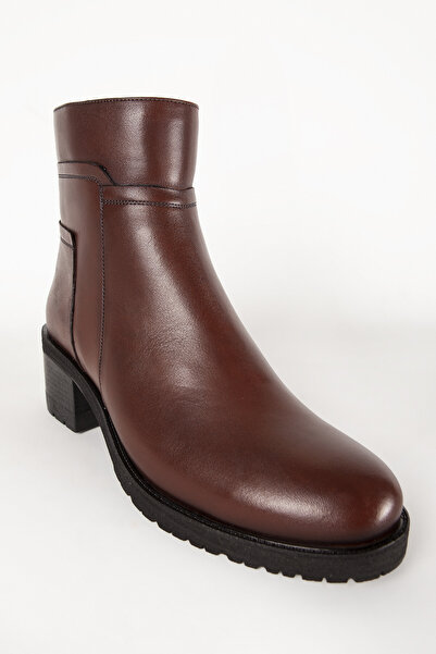 Dericlub Kadın Kalın Topuklu Fermuarlı Günlük Bot Gerçek Deri Br 06053 Taba