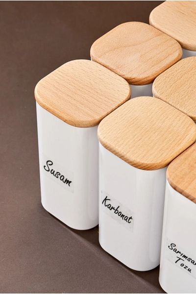 ŞAKİLATA CONCEPT 300ml Bamboo Acrylic Mica - 12 Label, Wooden Lid, Spice Rack Vacuum Storage Container