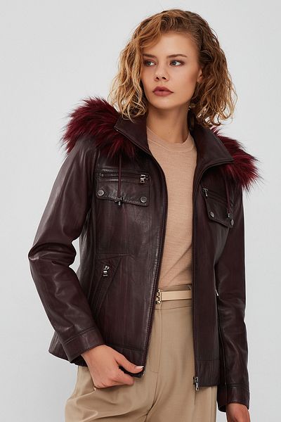 Derimod Monica Women - Claret Red Hooded Furry Leather Jacket 23wge5121nc