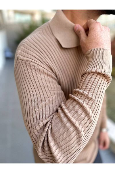 elkumoda Пуловер с прилепнала кройка и поло яка, оребрен, мек, текстуриран, без петна, италиански крой