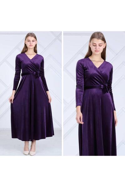 CİXAPLE Uzun Boy Kuşaklı Kadife Elbise