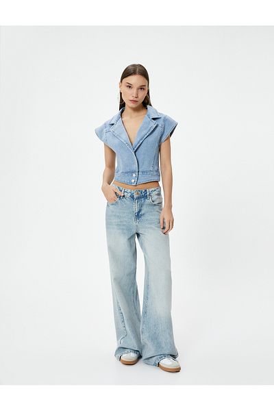 Koton Double Breasted Short Jeans Jacket - Sleeveless and Buttoned