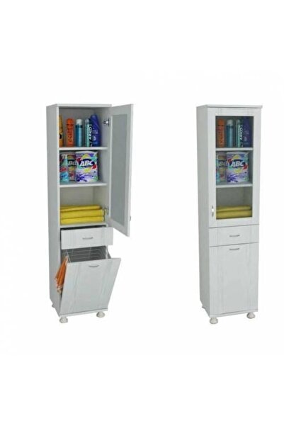 Evistro Lake Banyo Boy Dolabı Çamaşr Sepetli Pleksi Cam Beyaz