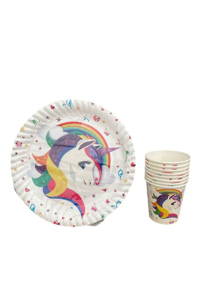alpmodel Unicorn cu imprimeu Set de petrecere cu 8 farfurii si 8 pahare