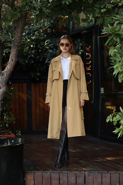 Nesil Belted Lined Trench Coat with Cape Cover