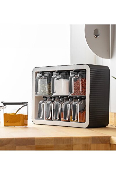 Home Tuana 36 Piece Dowry Set - Spice Rack-Dowry Storage Container-Cutting Board Set with Knives - Black-White