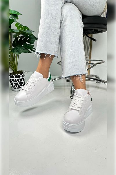 İmerShoes White Green Women's Sneakers - Lace-Up, Lightweight Thick High Sole, Walking Sneakers 065