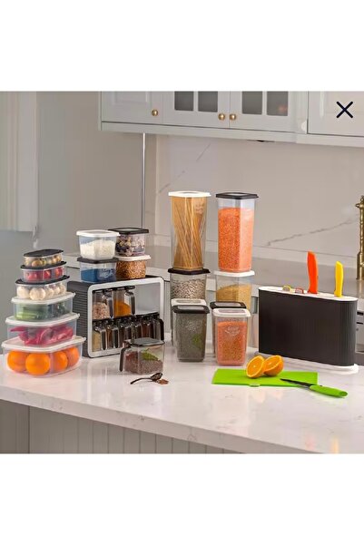 Home Tuana 36 Piece Dowry Set - Spice Rack-Dowry Storage Container-Cutting Board Set with Knives - Black-White