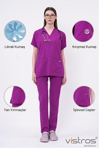 Vistros Medikal V Yaka Detaylı Unisex Fuşya Medikal Doktor Hemşire Forması Ce...