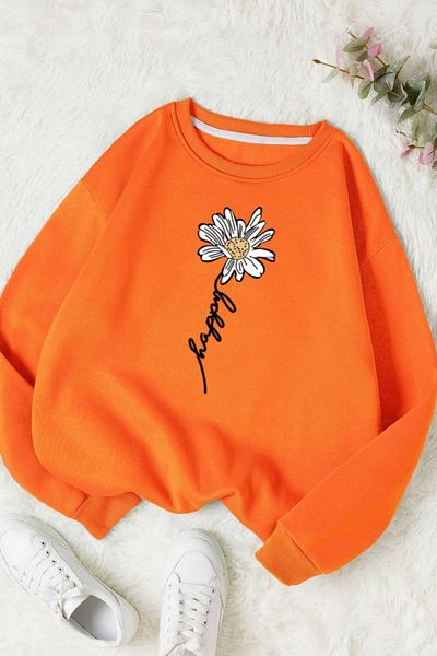 Moda Glo Unisex Μαύρο γράμμα Daisy με στάμπα με λαιμόκοψη βαμβακερό φούτερ