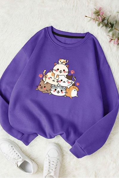 Moda Glo Унисекс памучен суитшърт с щампа на котка и кръгло деколте