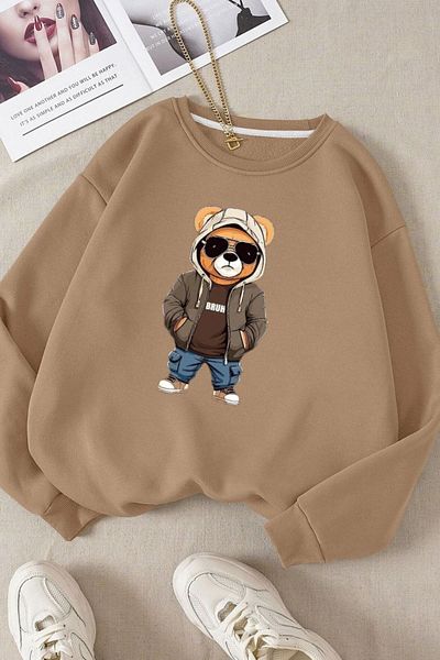 Moda Glo Βαμβακερό φούτερ με στάμπα Bruh Bear με λαιμόκοψη