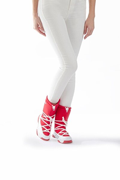 Benetton Kışlık Uzun Rahat Kalıp Kadın Bot Kırmızı-Beyaz